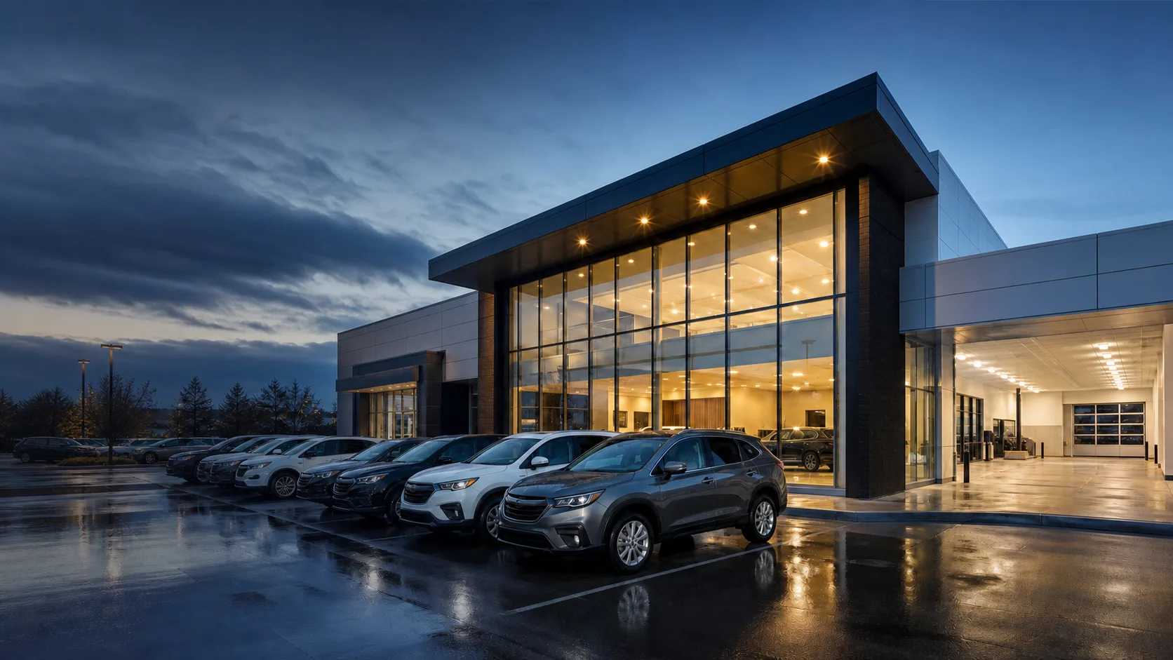 Modern automotive dealership showroom and service drive at dusk